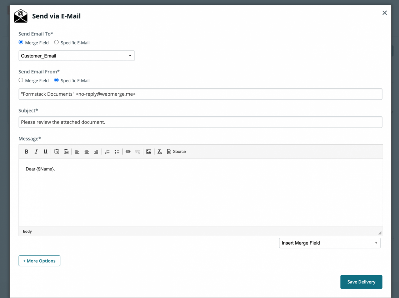 contoh memasukkan jawaban survei ke dalam email yang dipersonalisasi dengan Formstack, sebuah alternatif Paperform