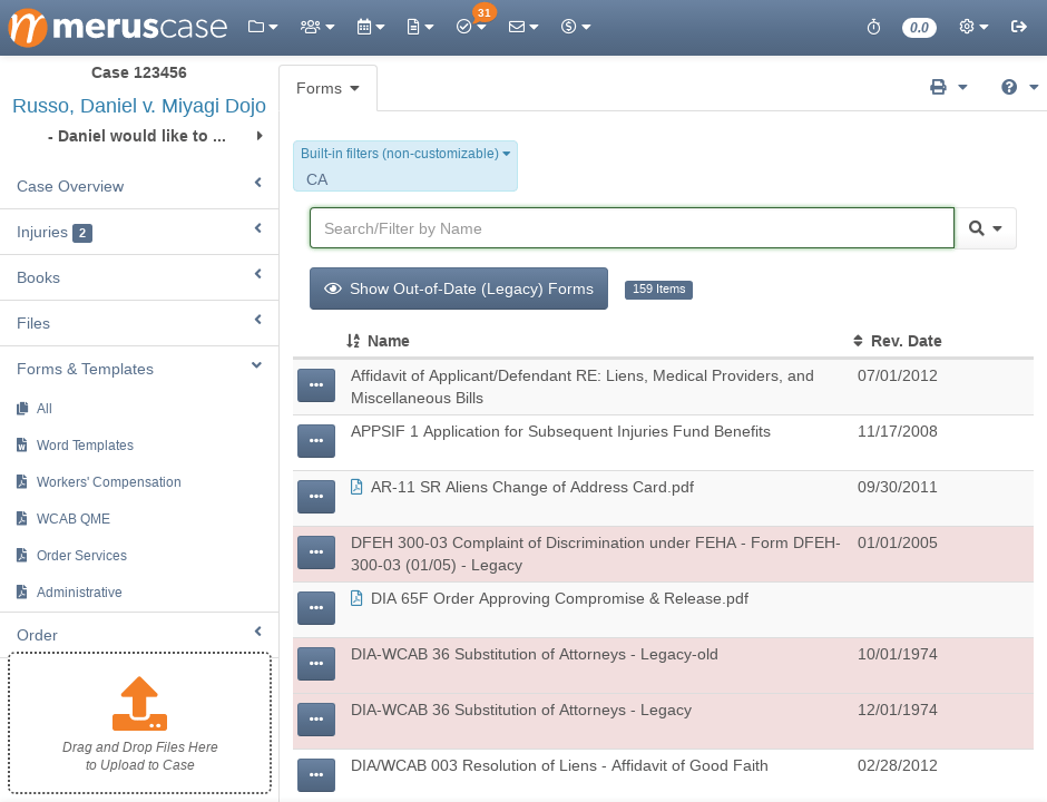 Legal project management software: list of legal documents in MerusCase