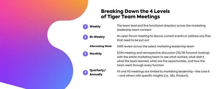 gráfico da estrutura de 4 níveis de reuniões da Tiger Team