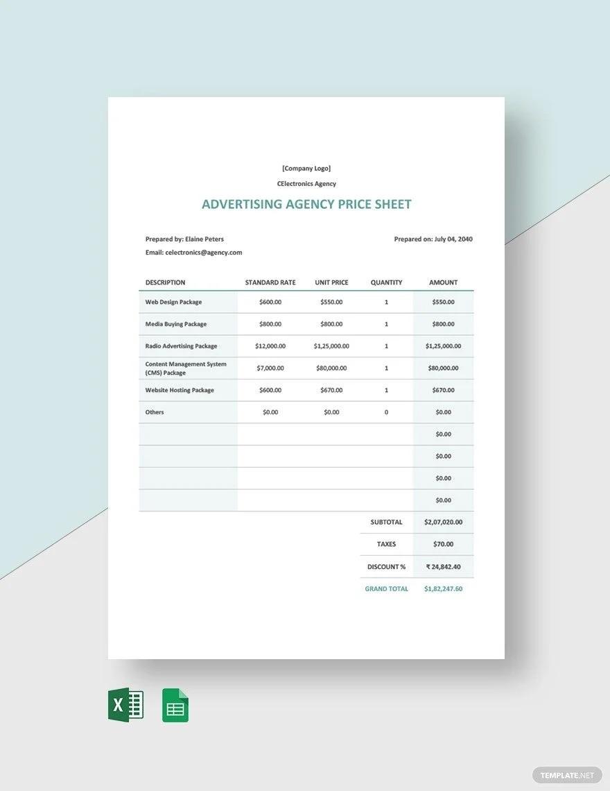 Google Docs Agency Price Sheet Template by Template.net