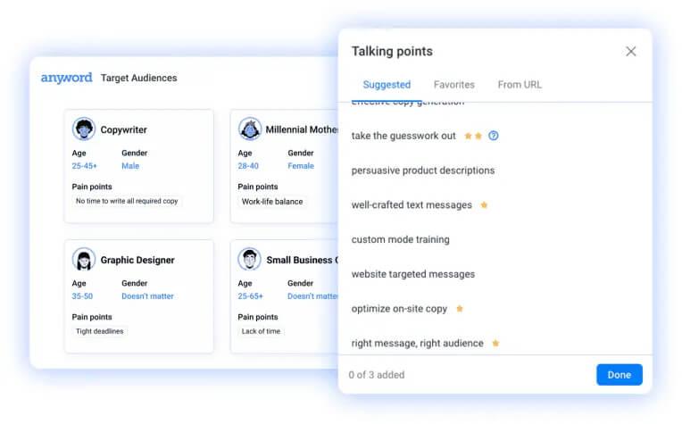 Anyword vs Jasper: Anyword’s target audiences and suggested talking points