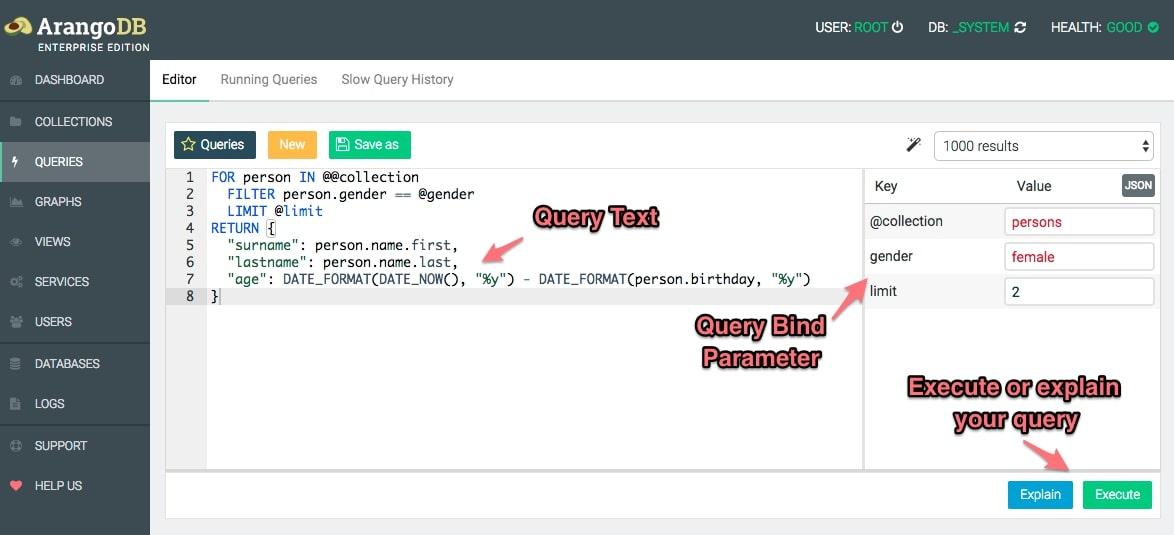 Parts of ArangoDB's editor view