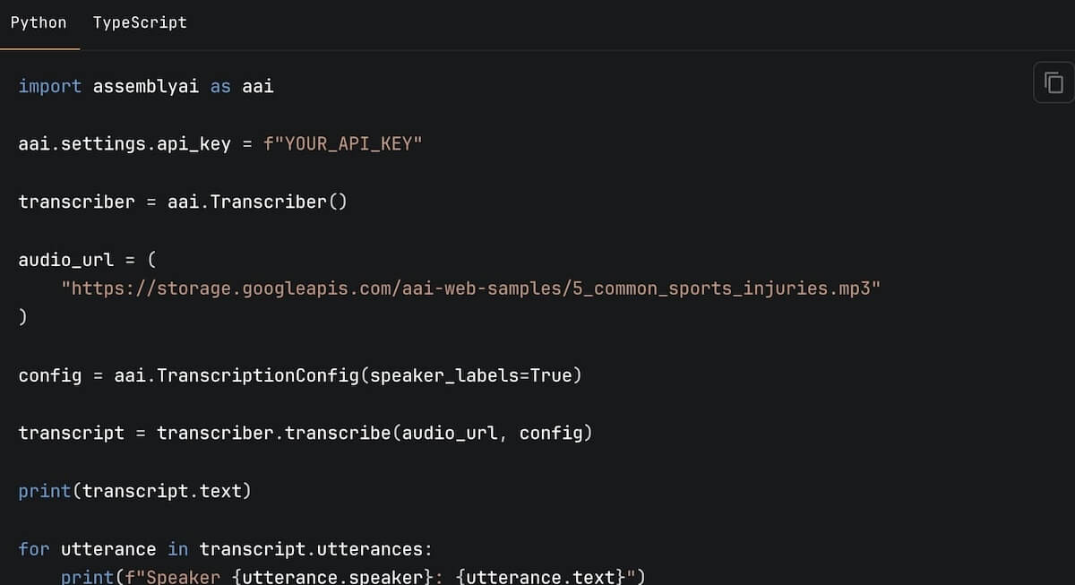 Screenshot of a Python code in AssemblyAI