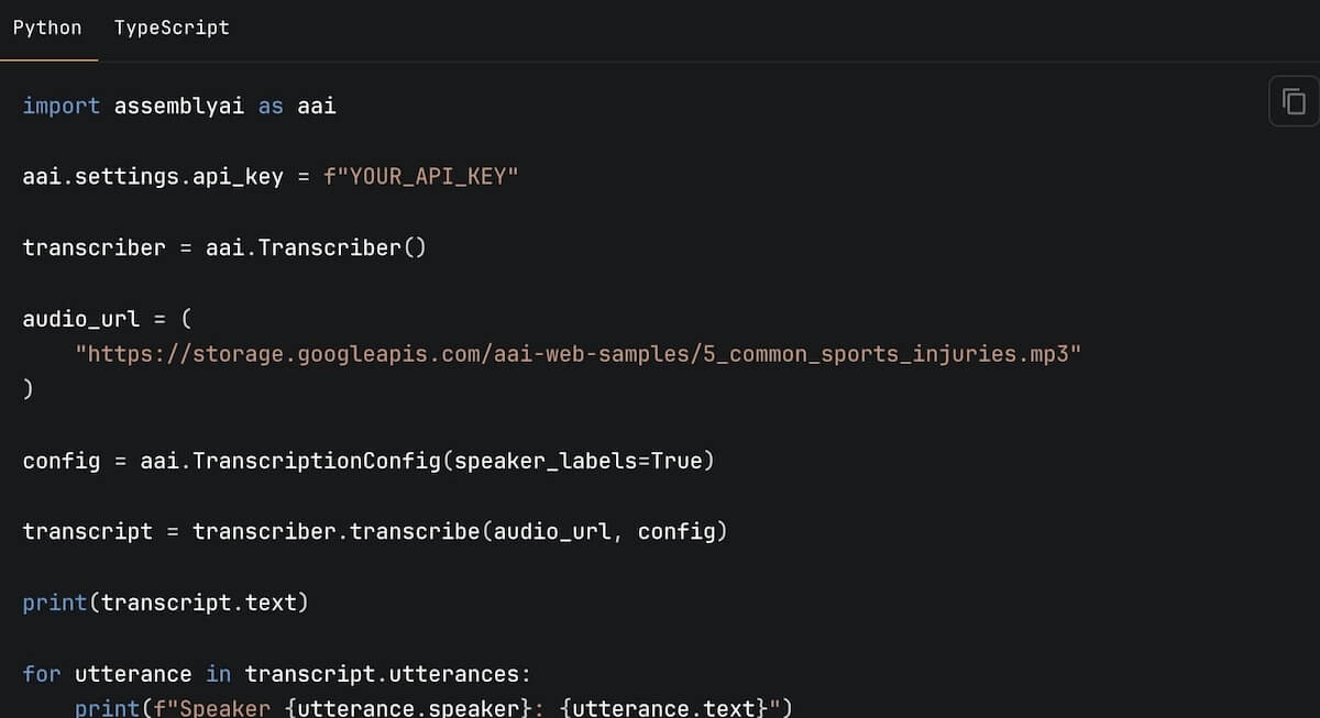 Schermafbeelding van een Python code in AssemblyAI