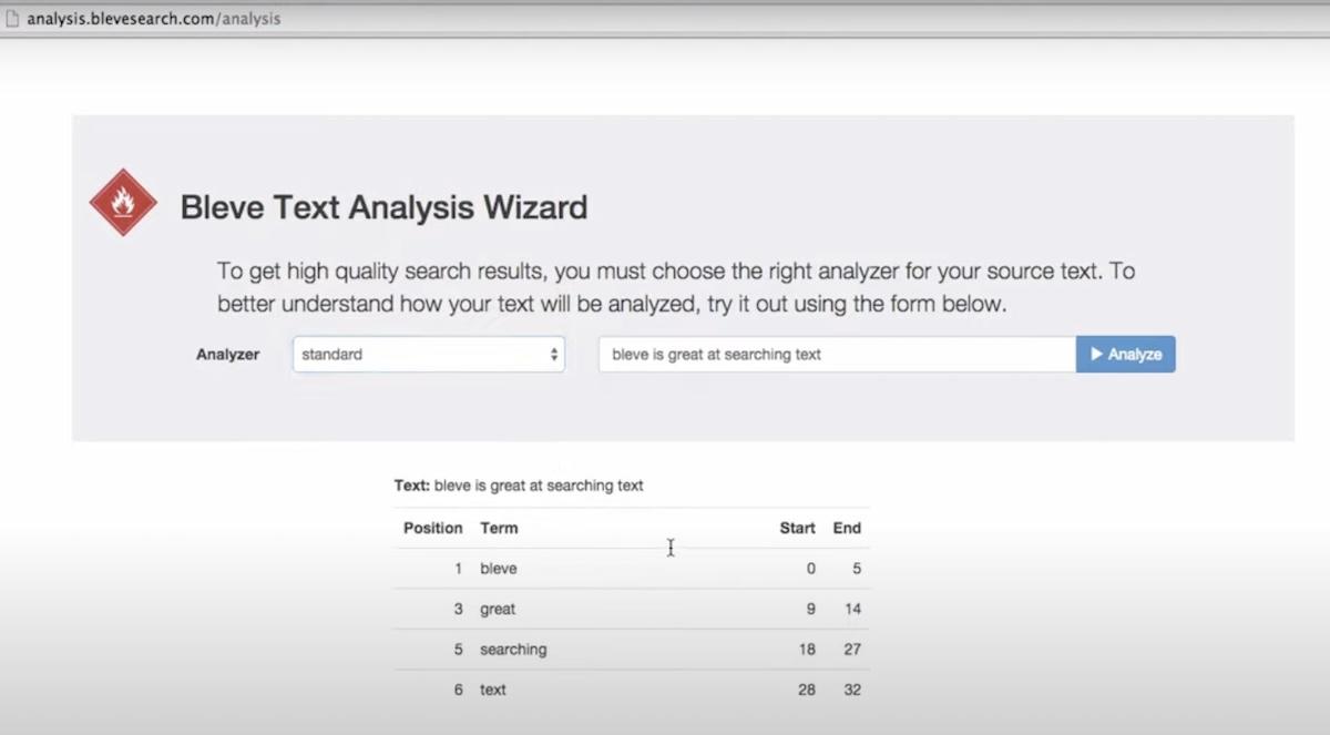 Bleve's Text Analysis Wizard page
