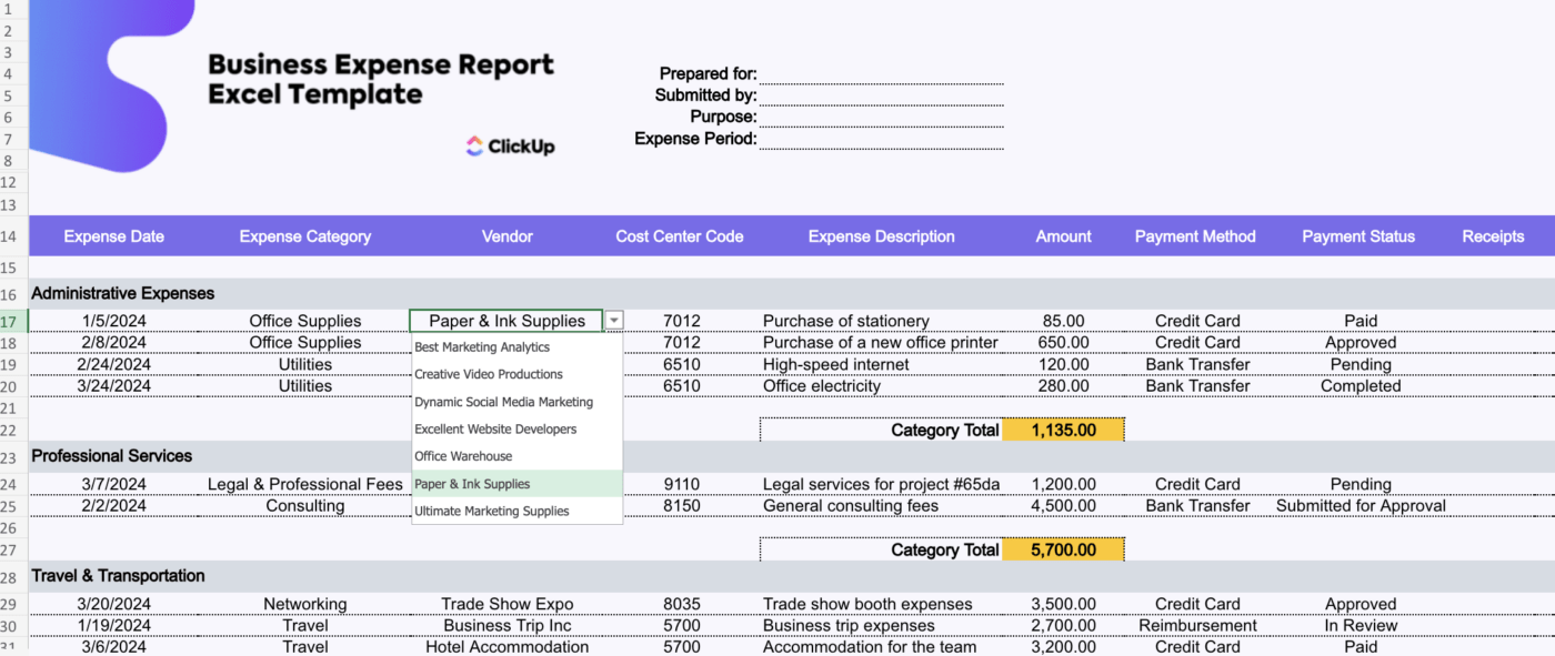 Modello Excel di resoconto delle spese aziendali