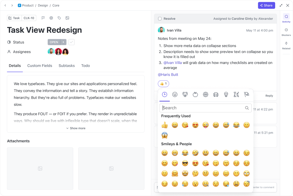 ClickUp 3.0 Adding Emojis in comments