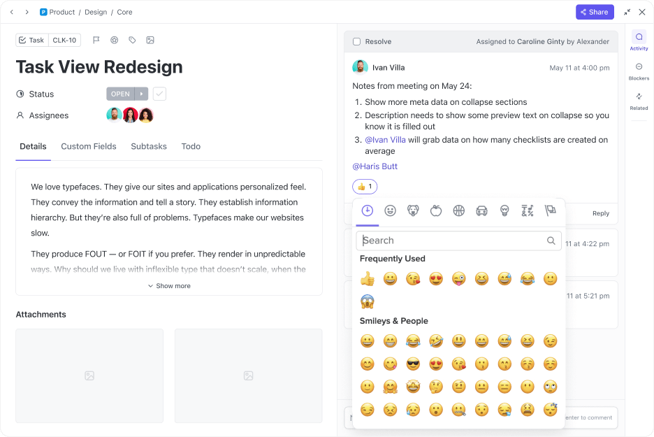 ClickUp 3.0 Hinzufügen von Emojis in Kommentaren