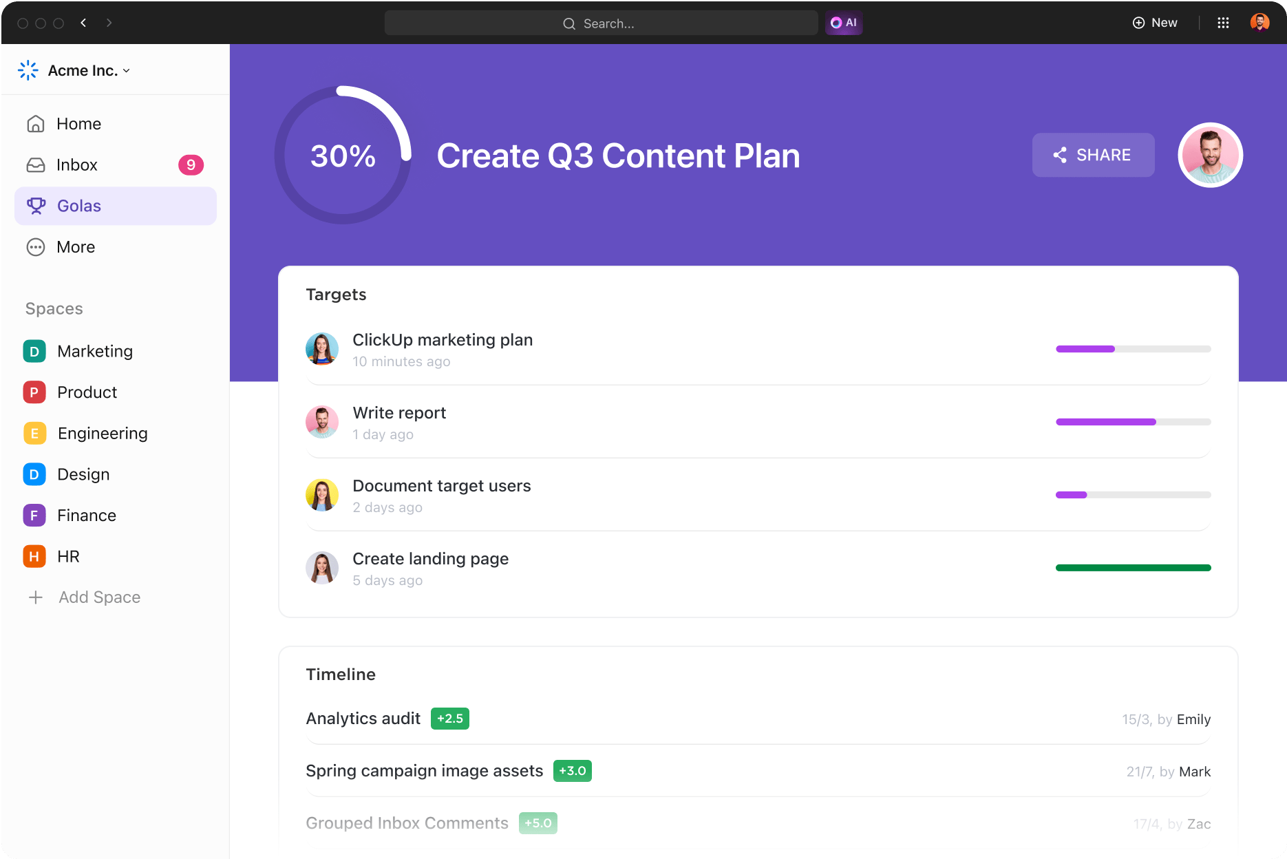 Establezca metas cuantificables para tareas y proyectos con progresión automática para alcanzar más eficazmente objetivos con plazos definidos y metas cuantificables