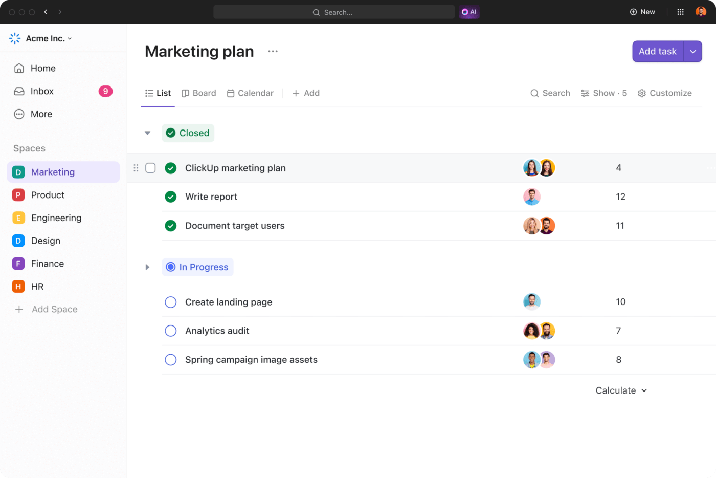 ClickUp 3.0 Visualização de lista Cálculos Contagem total