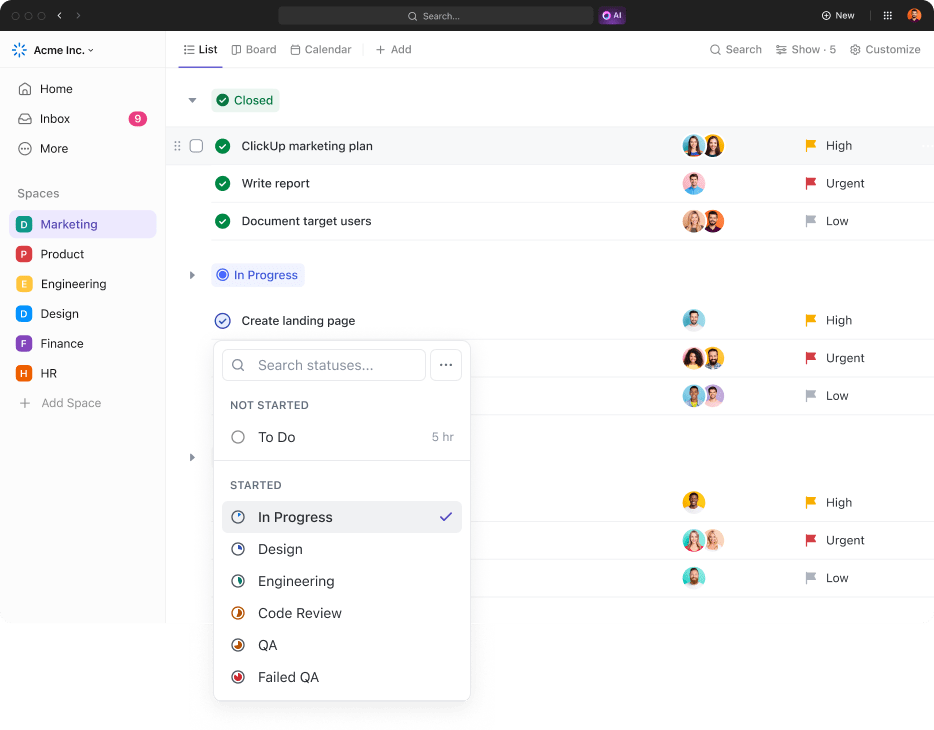 ClickUp 3.0 List view Progress status