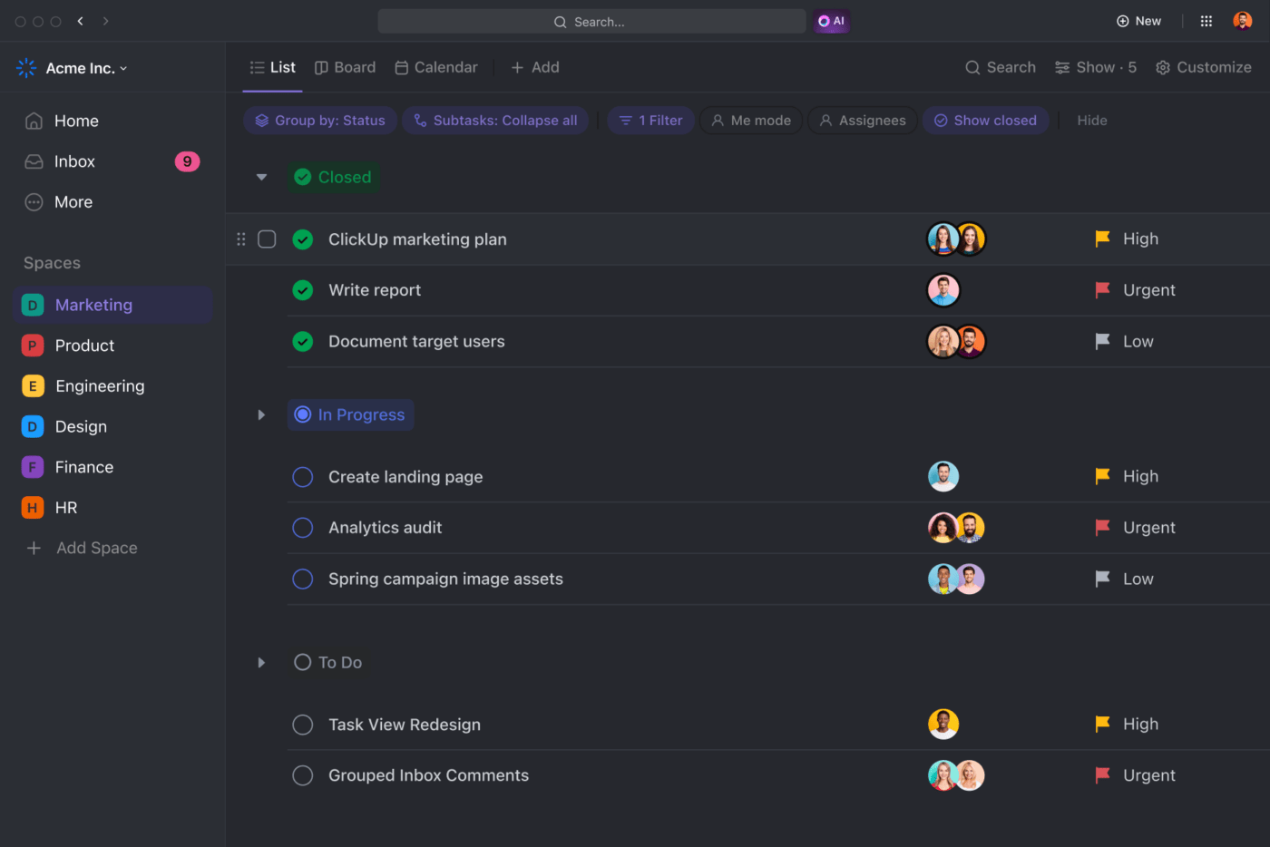 ClickUp 3.0 List view in Dark Mode simplified