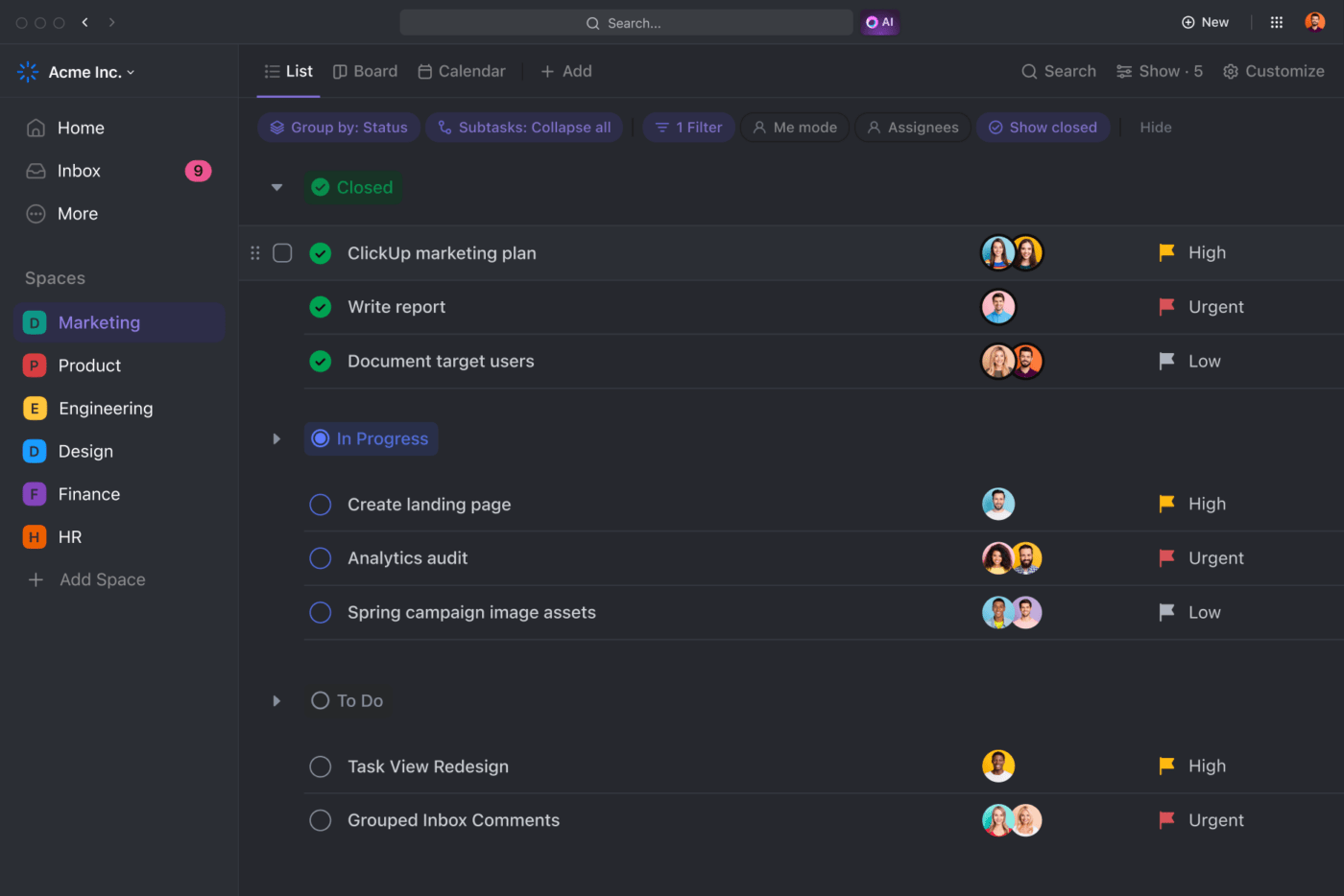 Visualização de lista do ClickUp 3.0 no modo escuro simplificado