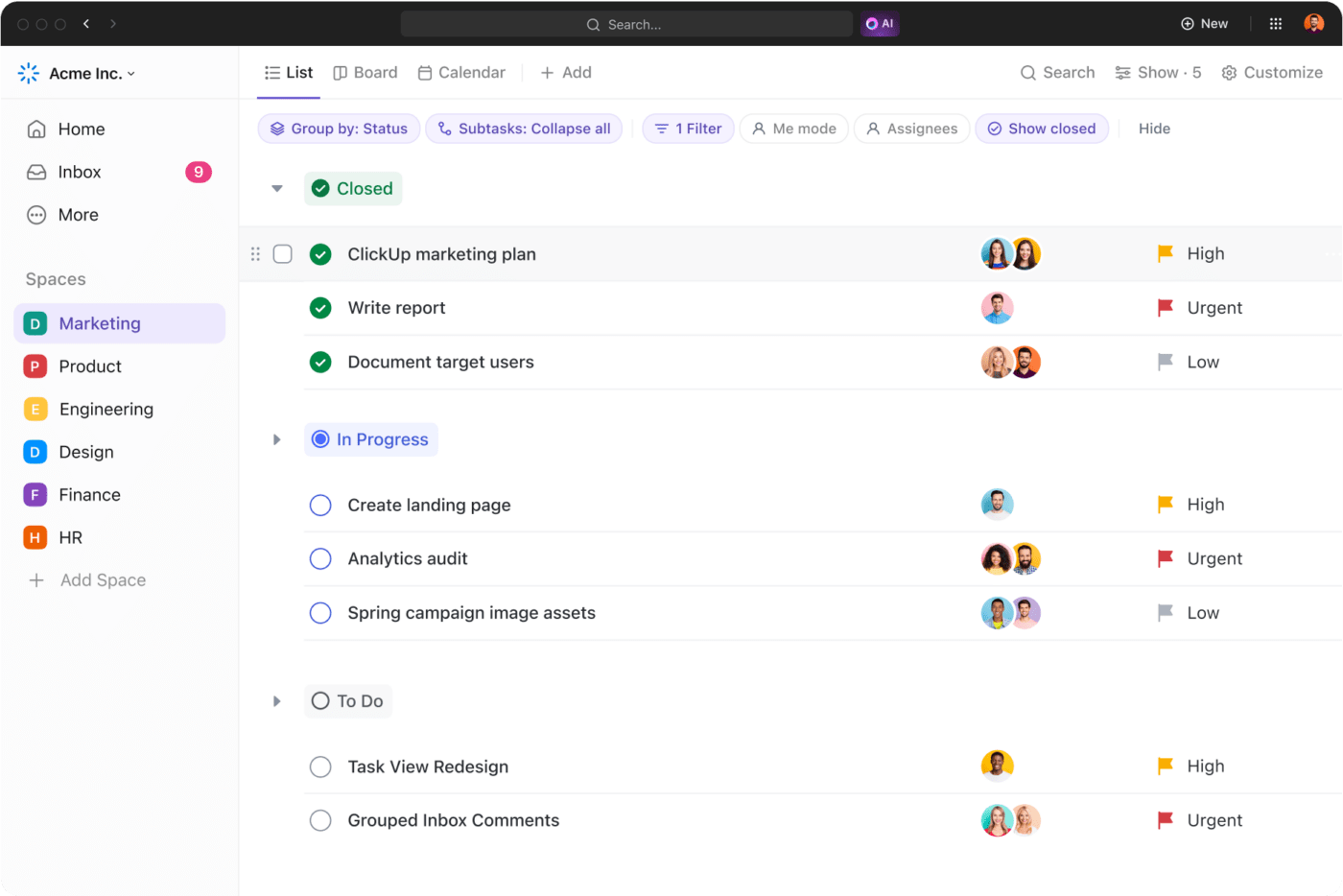 ClickUp 3.0 Visualização de lista com filtros simplificados