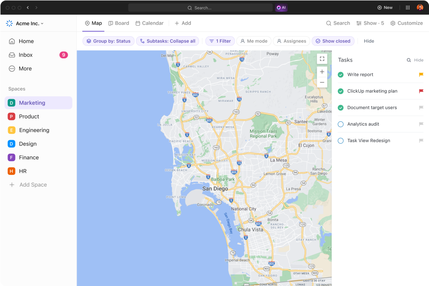 Use o Map View do ClickUp para campanhas de marketing experimental