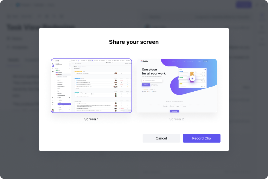 ClickUp 3.0 Gravar compartilhamento de tela a partir da exibição de tarefas