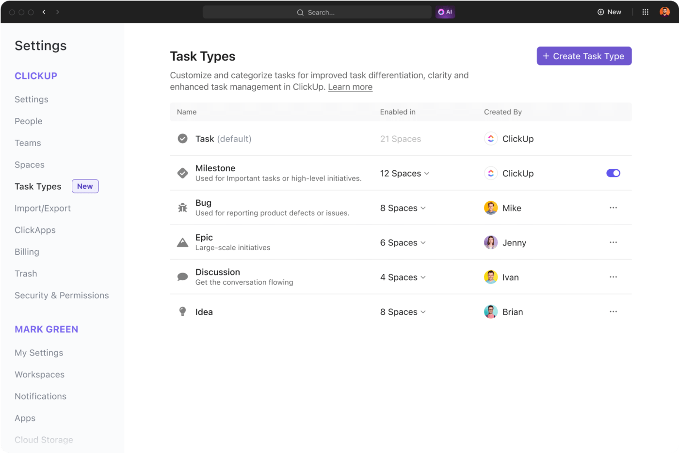 ClickUp 3.0 タスクタイプの簡素化