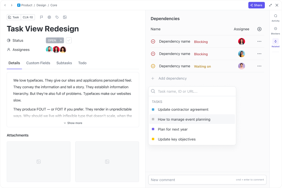 ClickUp 3.0 Task view Adding Dependencies