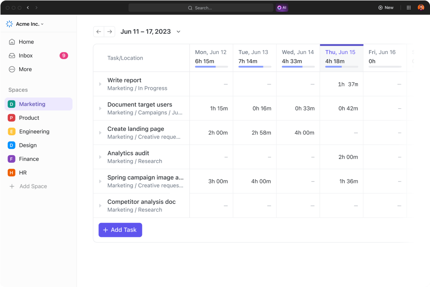 Tracking project tasks in ClickUp's time tracking view