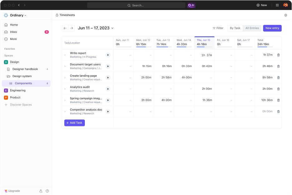 ClickUp 3.0 Timesheets na visualização de controle de tempo