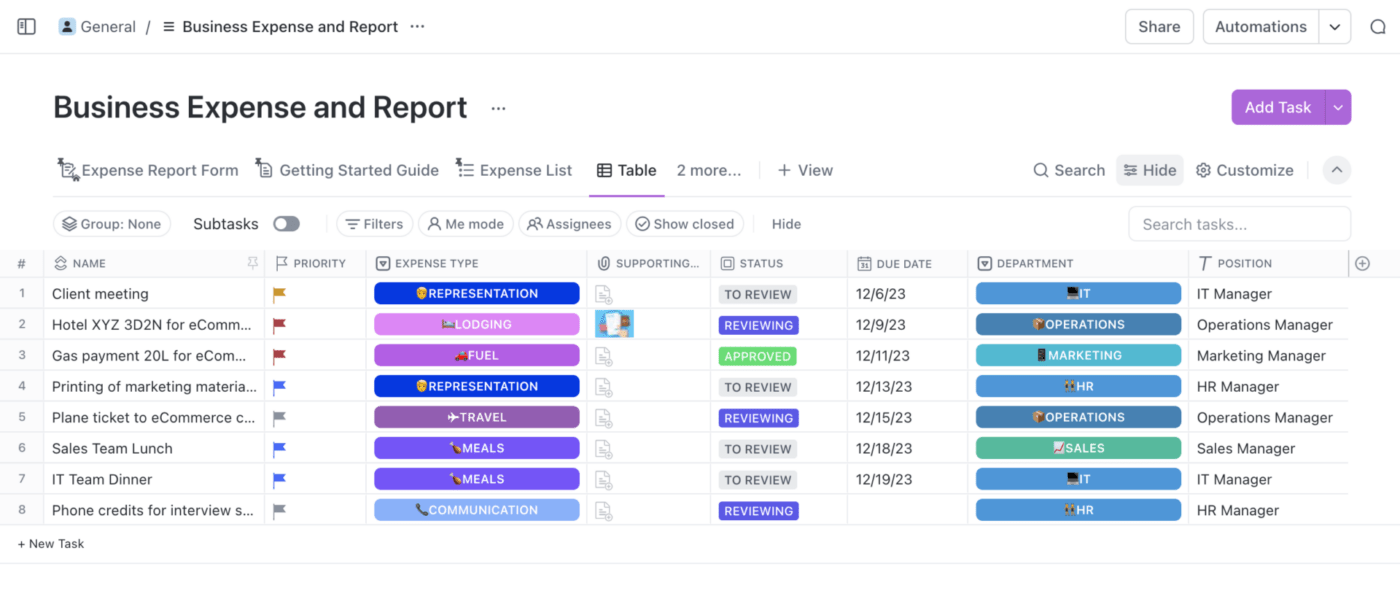 ClickUp Business Expense and Report Template