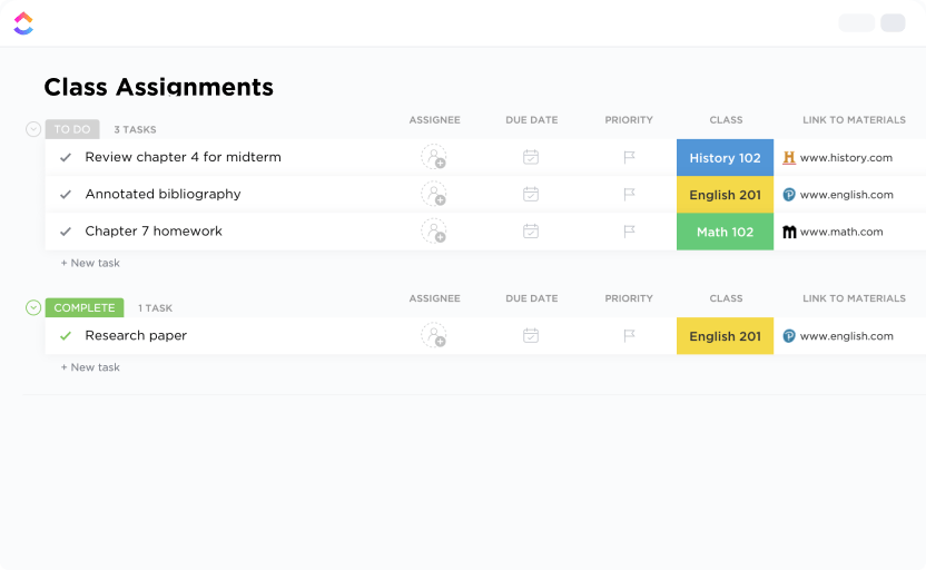 ClickUp's Class Assignments Template is designed to help you organize and manage tasks related to classes. 