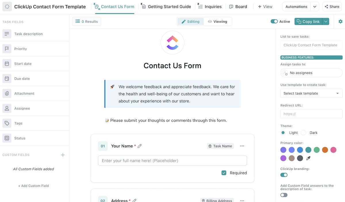 Screenshot of ClickUp's Contact Form Template