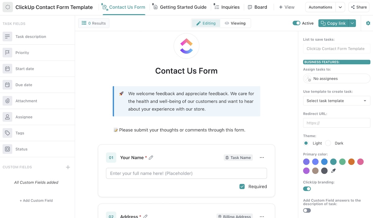 ClickUp Contact Form Template