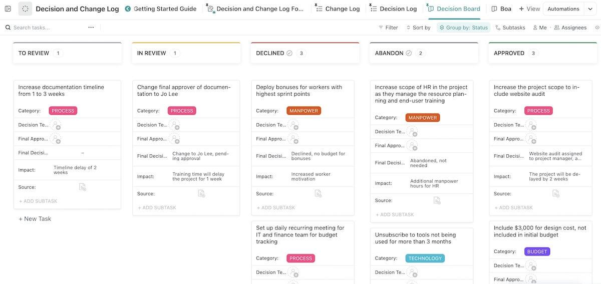 ClickUp's Decision and Change Log Template is designed to help you track decisions and changes.