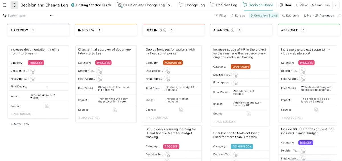 Modelo de registro de decisões e alterações do ClickUp