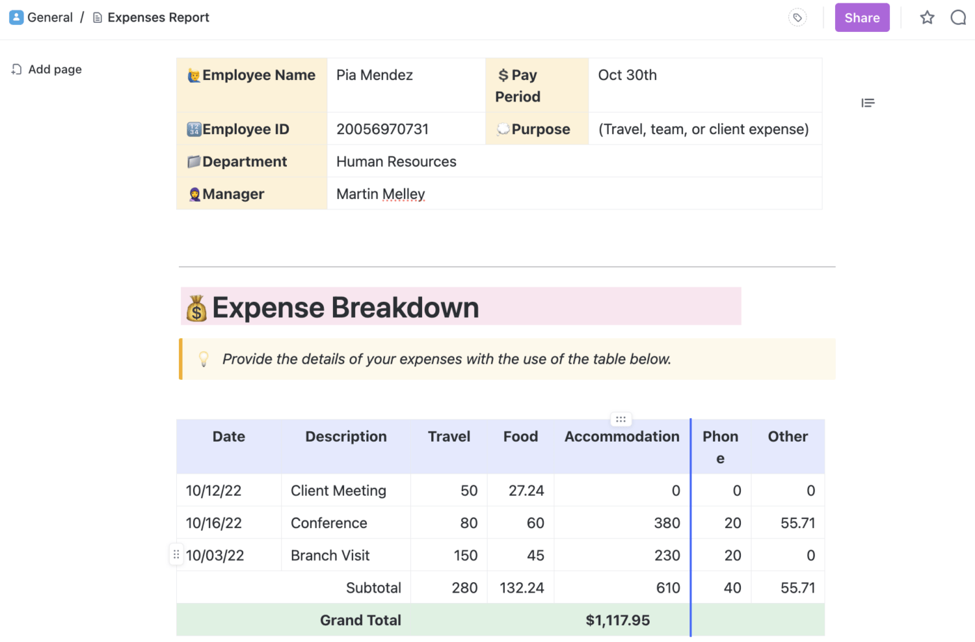 ClickUp Expenses Report Template Doc view
