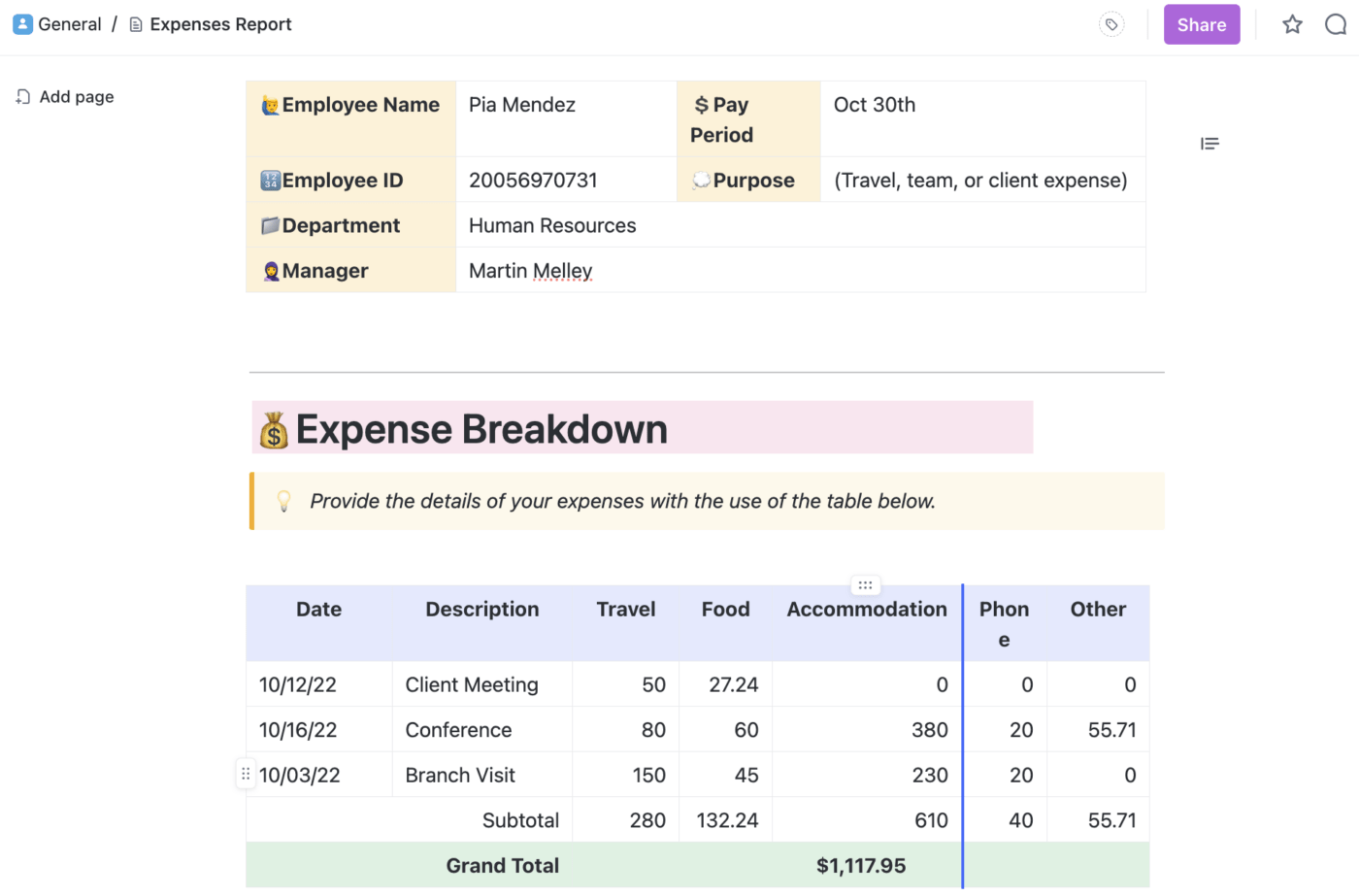 Modèle de rapport de dépenses ClickUp Doc view