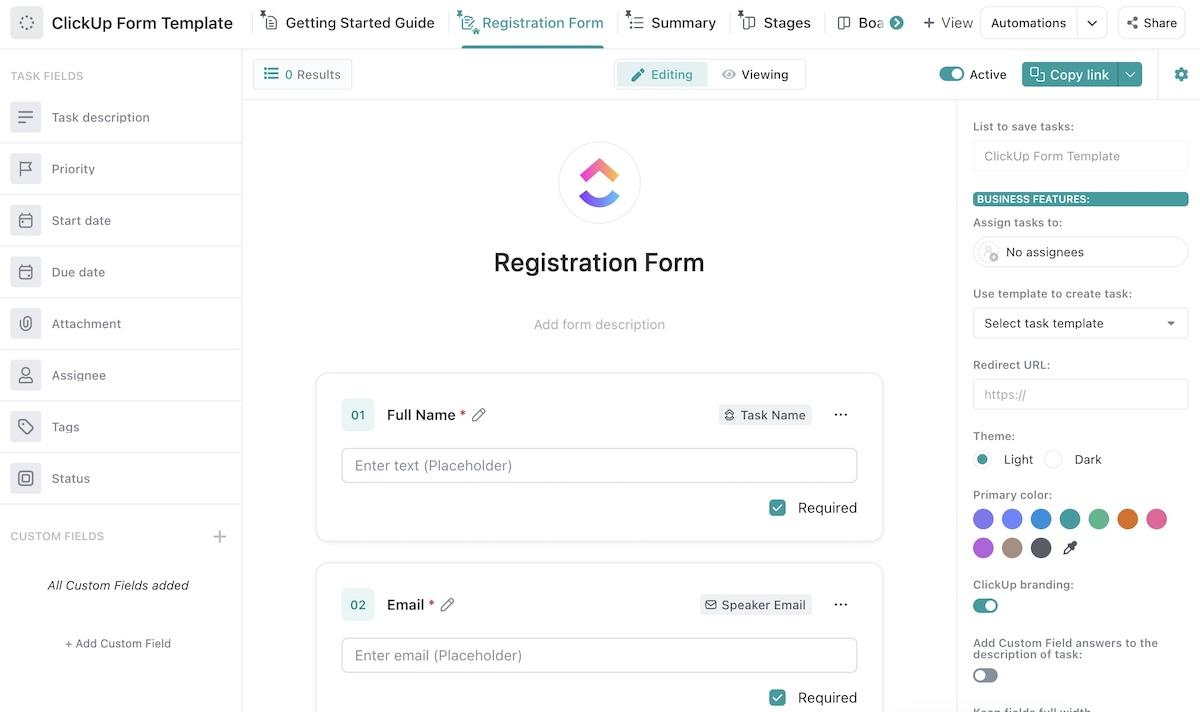 Intake form templates: ClickUp's Registration Form Template