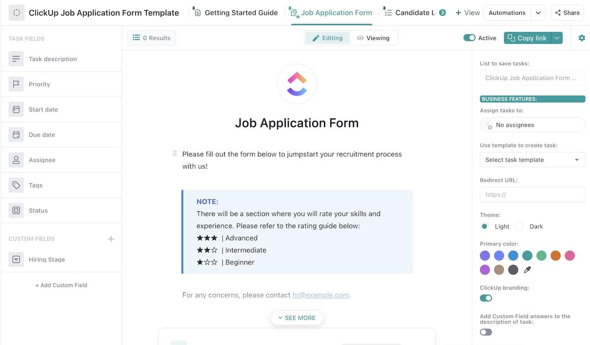 Screenshot of ClickUp's Job Application Form Template