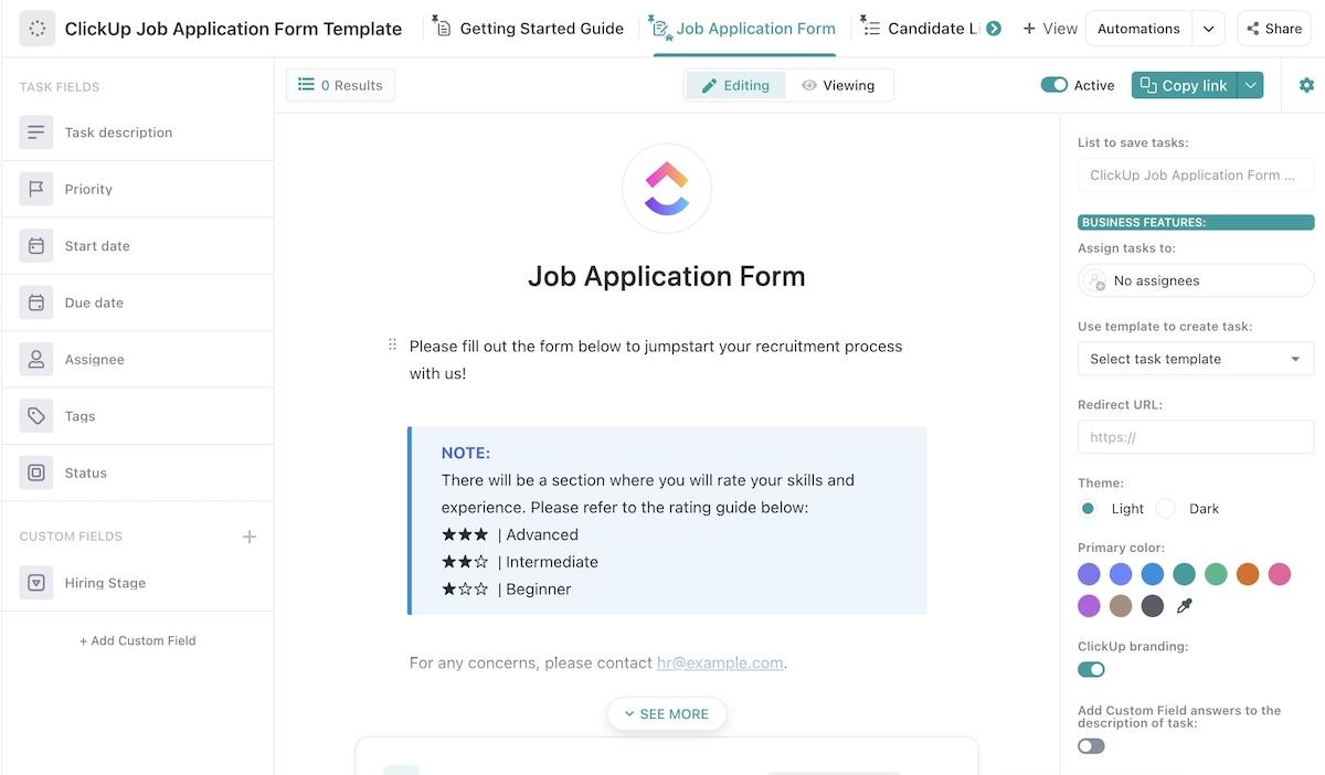 Modèle de formulaire de demande d'emploi ClickUp