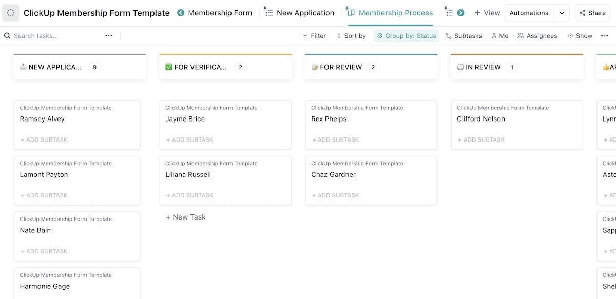 Screenshot of ClickUp's Membership Form Template