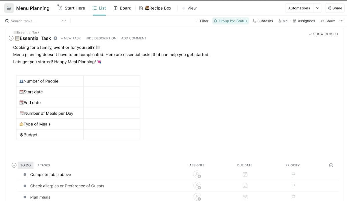 ClickUp's dinner menu planning templates