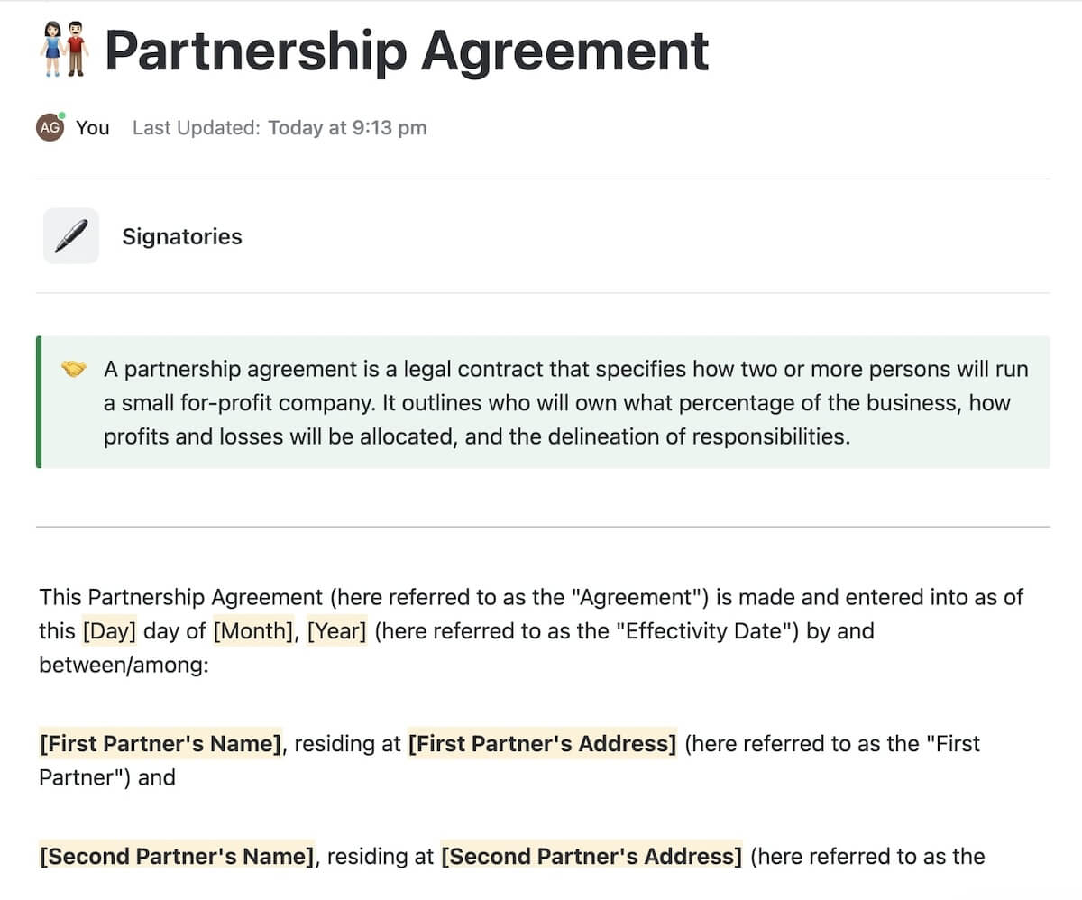 Screenshot of ClickUp's Partnership Agreement Template