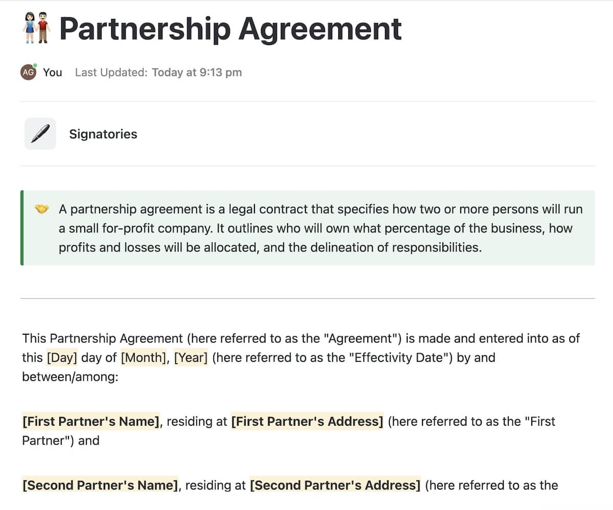 Collaboration agreement templates: ClickUp's Partnership Agreement Template