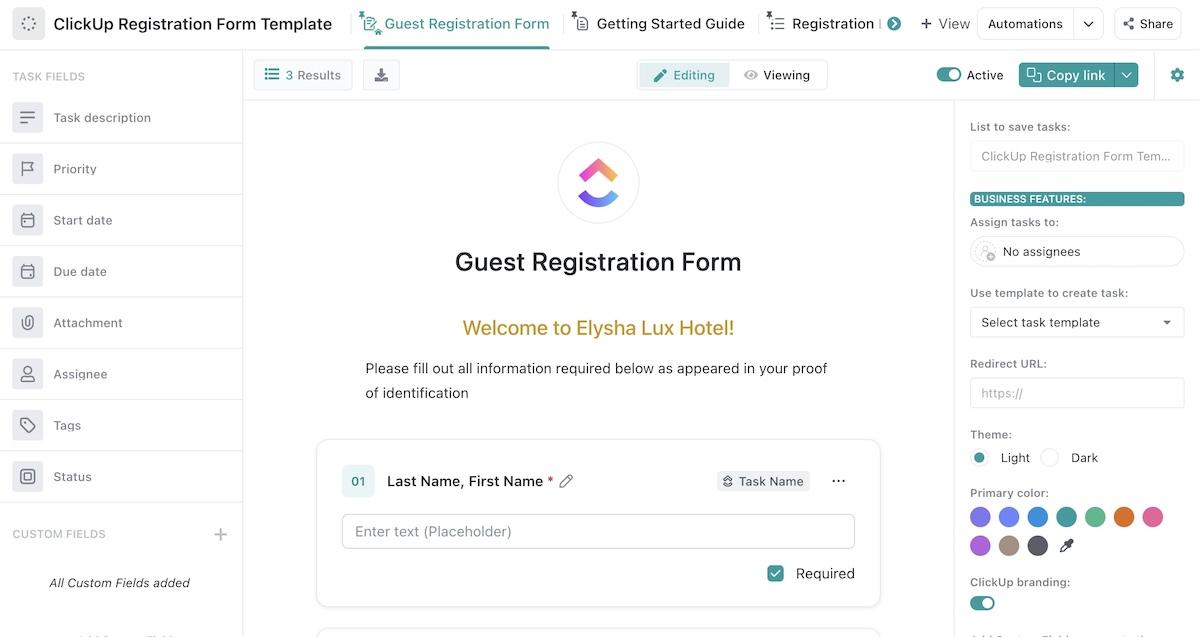 Screenshot of ClickUp's Registration Form Template