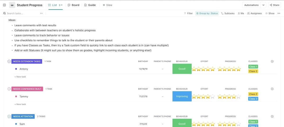 ClickUp's Student Progress Template is designed to help you track students' performance and progress.