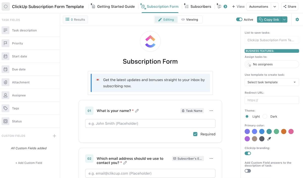 Google Form templates: ClickUp's Subscription Form Template