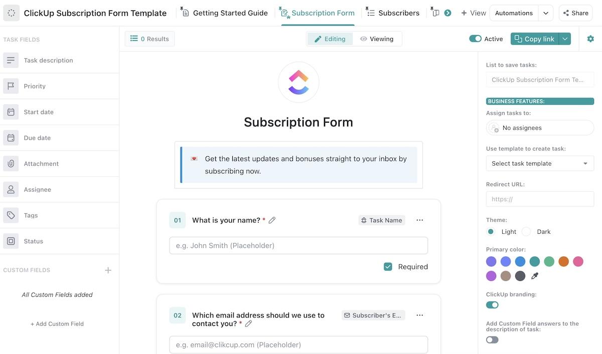 Make gathering and managing subscription details a breeze with ClickUp's Subscription Form Template