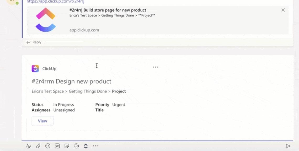 Kolaborasi awan: melampirkan tautan tugas ClickUp di kotak obrolan Microsoft Teams