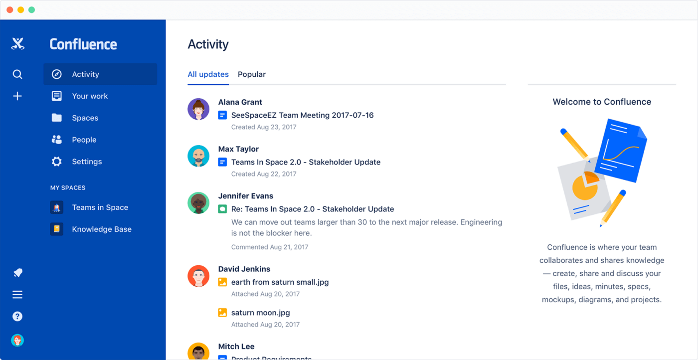 Confluence と Asana の比較：Confluence のアクティビティページ