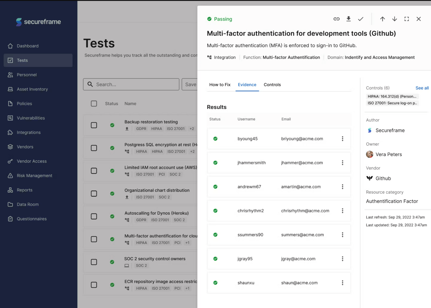 Painel de testes de monitoramento contínuo no Secureframe