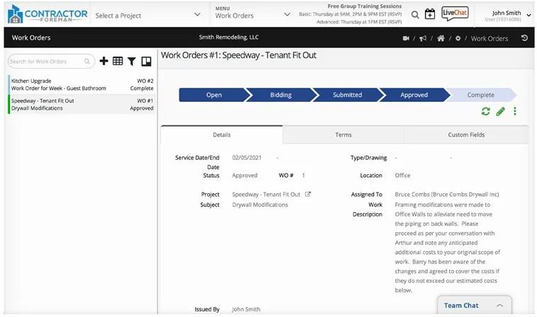 Project management software for subcontractors: Contractor Foreman's Work Orders page