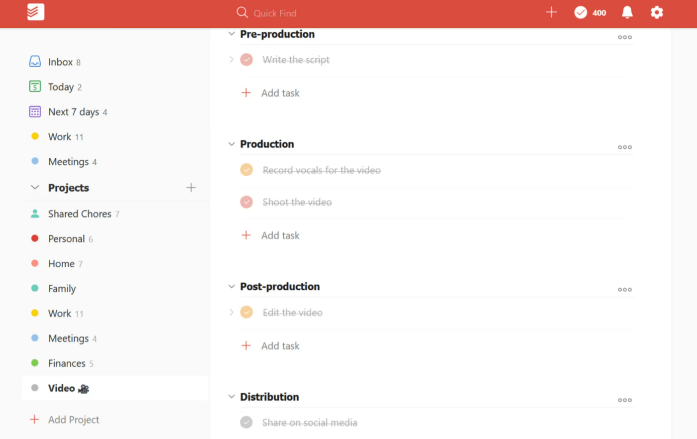 Creating project management tasks in Todoist