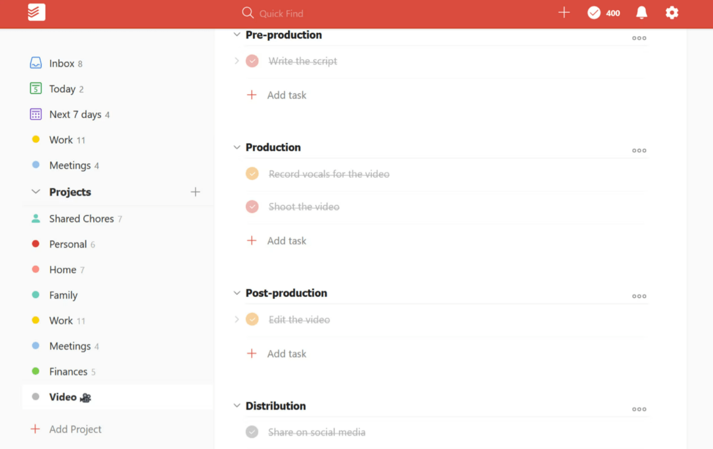 Todoist에서 프로젝트 관리 작업 만들기