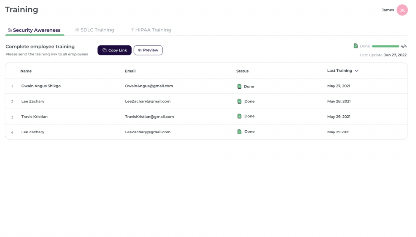 Dashboard zur Überprüfung des Abschlusses von Sicherheitsschulungen durch Mitarbeiter in Scytale